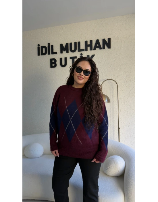 Bordo Lacivert Baklava Dilimli Kazak
