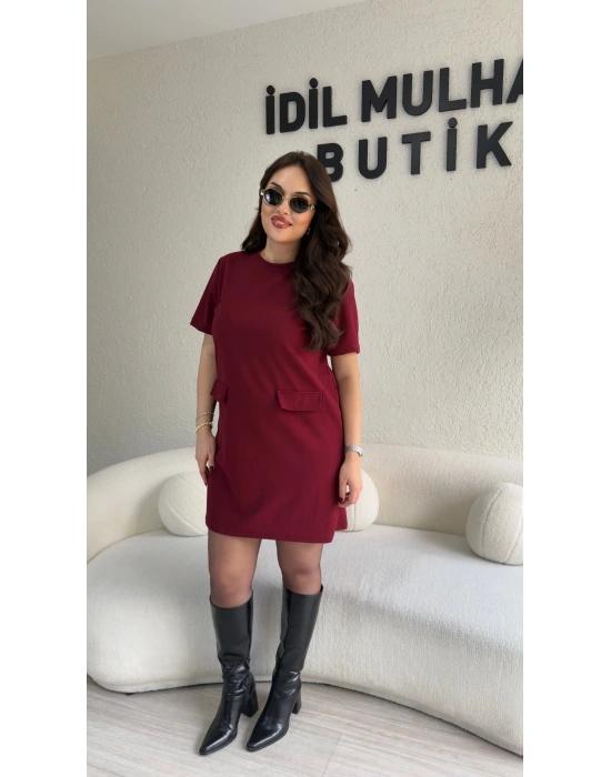 Bordo Likralı Süs Cepli Elbise