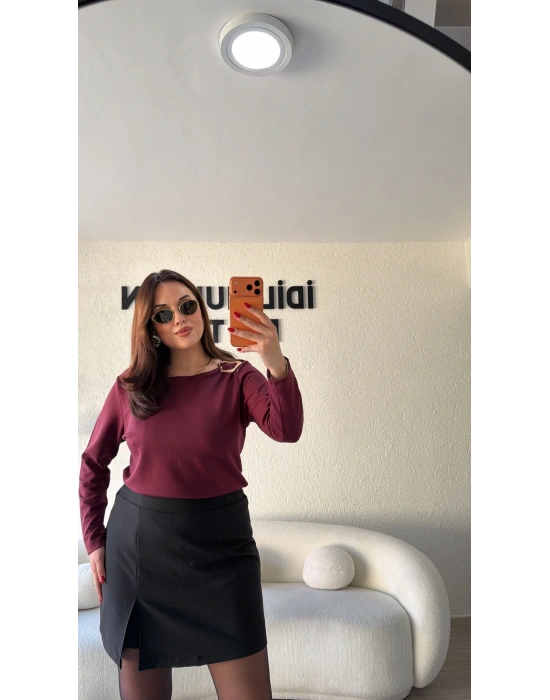 Bordo Omzu Tokalı Oysh Bluz