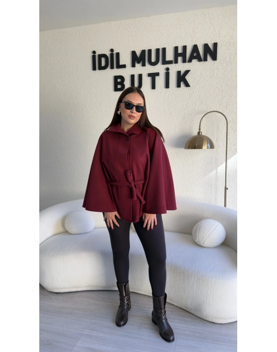 Bordo Oversize Kaşe Kuşaklı Panço