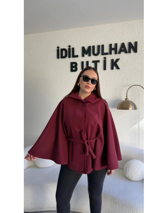 Bordo Oversize Kaşe Kuşaklı Panço