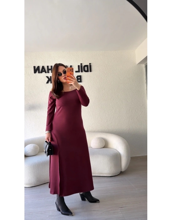 Bordo Oysh Kumaş Madonna Yaka Elbise