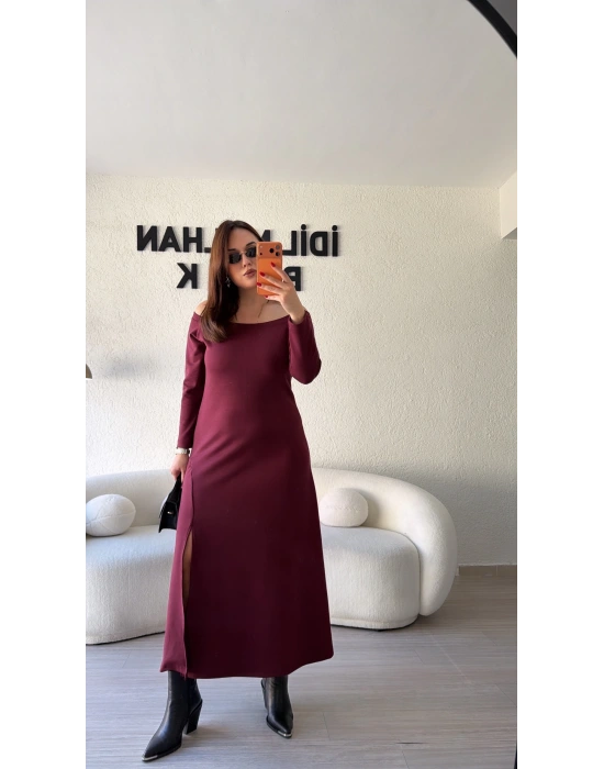 Bordo Oysh Kumaş Madonna Yaka Elbise