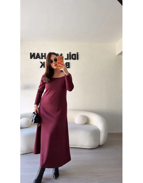 Bordo Oysh Kumaş Madonna Yaka Elbise