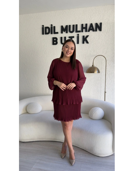Bordo Şifon Kol Piliseli Elbise