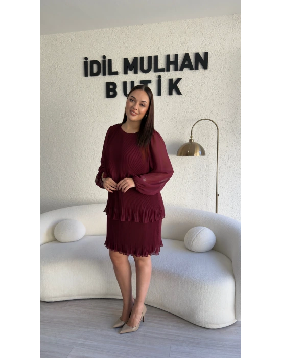 Bordo Şifon Kol Piliseli Elbise