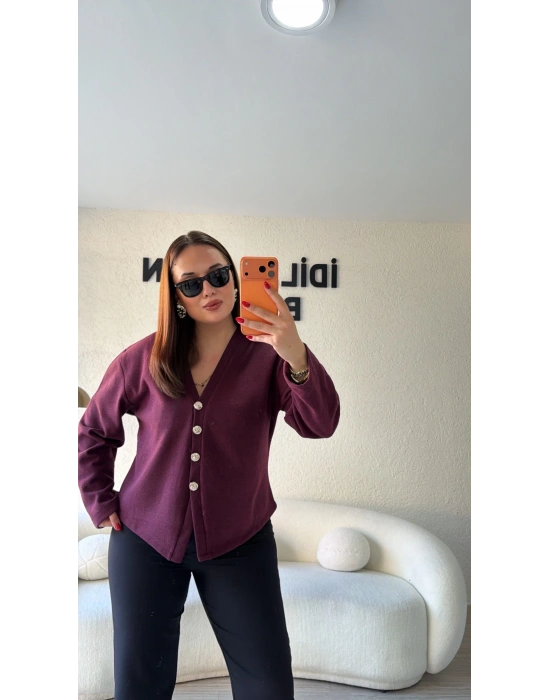 Bordo Silver Düğmeli Triko Hırka