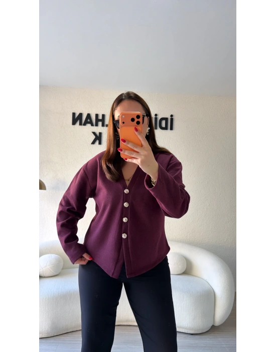 Bordo Silver Düğmeli Triko Hırka