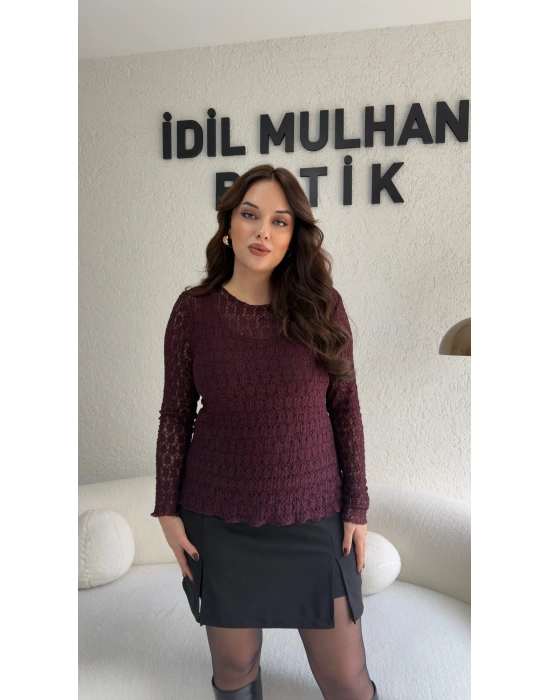 Bordo Transparan Dantel Bluz