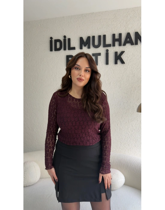 Bordo Transparan Dantel Bluz