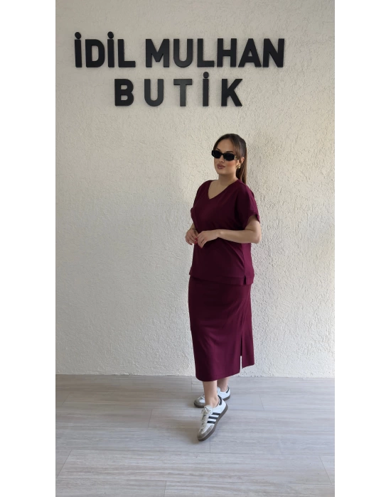 Bordo V Yaka Etekli Takım