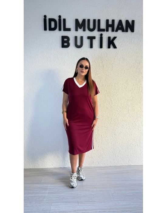 Bordo V Yaka Yanları Şeritli Elbise