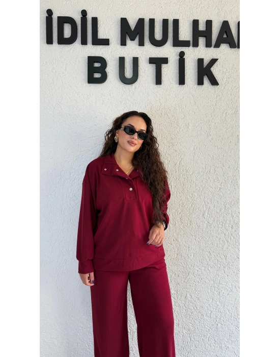 Bordo Yakası Düğmeli Büyük Beden Takım
