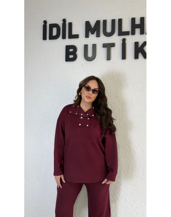 Bordo Yakası Silver Çıtçıt Detaylı Takım