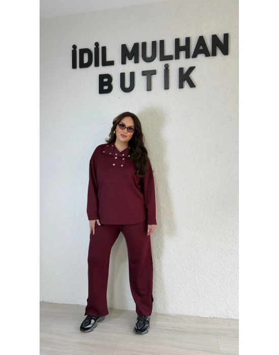 Bordo Yakası Silver Çıtçıt Detaylı Takım