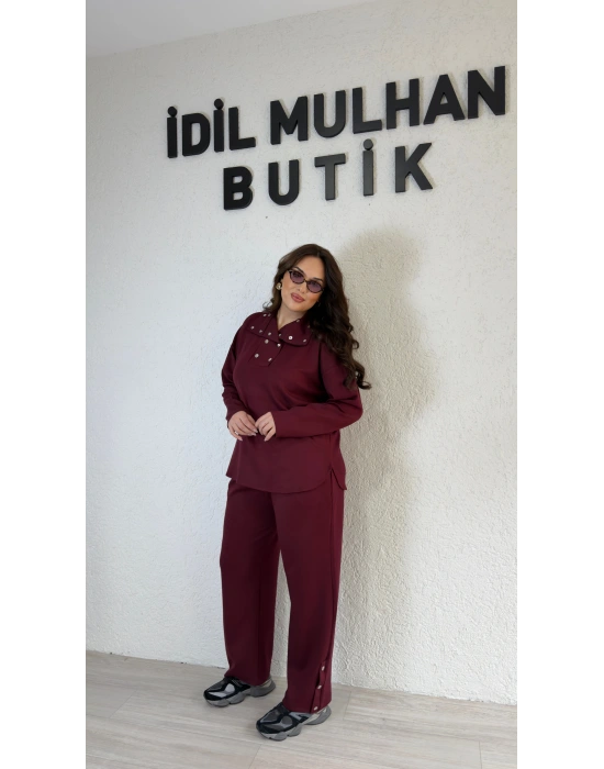 Bordo Yakası Silver Çıtçıt Detaylı Takım