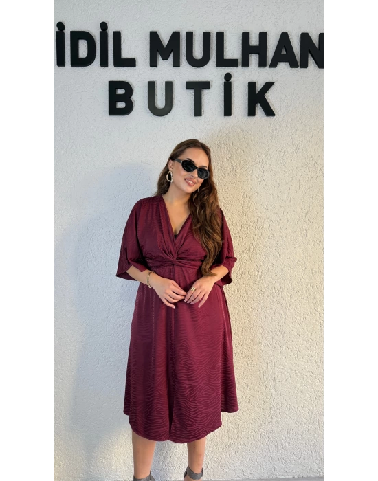 Bordo Yarasa Kol Saten Elbise