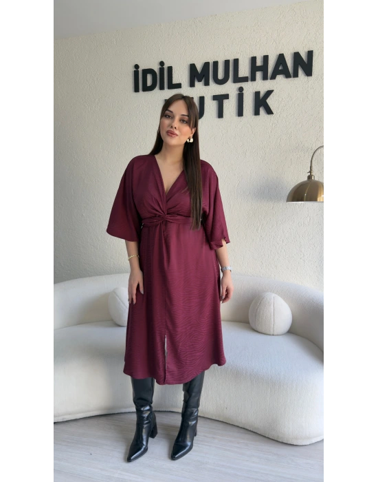 Bordo Yarasa Kol Saten Elbise