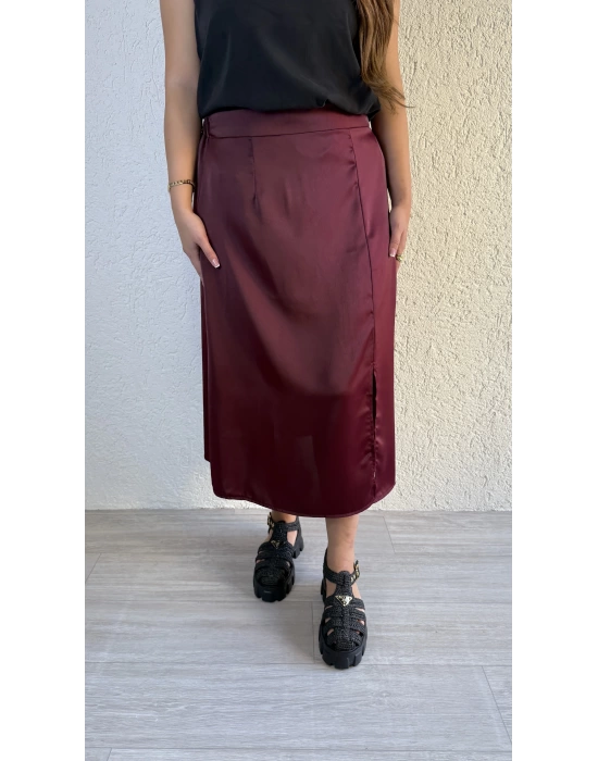 Bordo Yüksek Bel Saten Etek