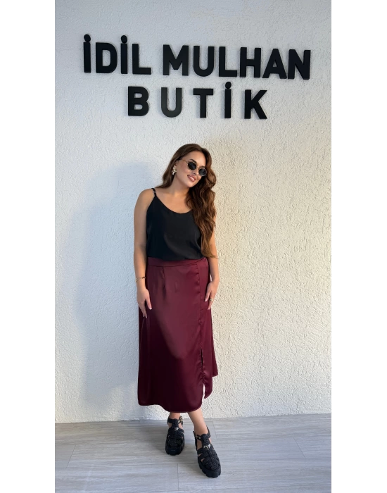 Bordo Yüksek Bel Saten Etek