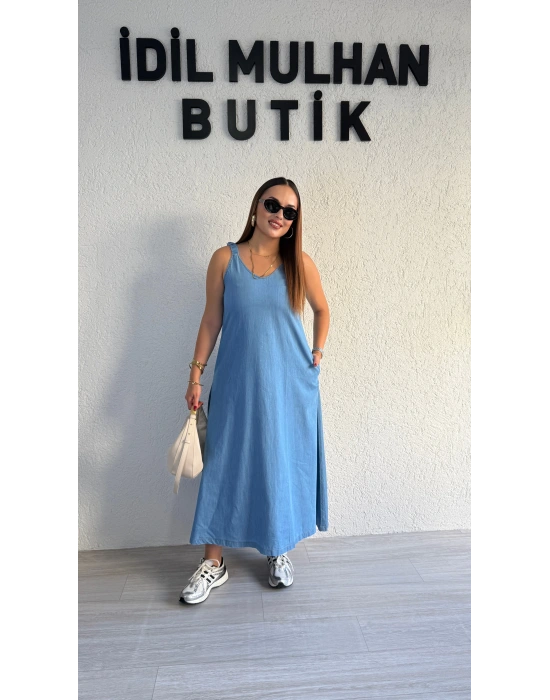 Buz Mavi Jean Kumaş Lastik Askılı Elbise