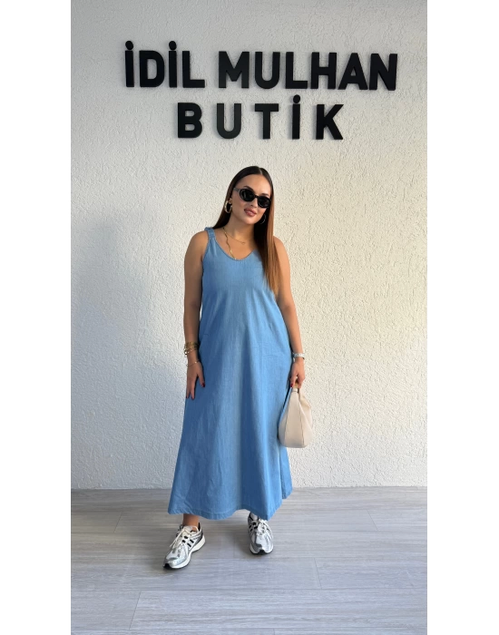 Buz Mavi Jean Kumaş Lastik Askılı Elbise