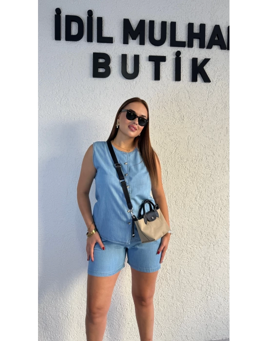 Buz Mavi Kot Rengi Şortlu Takım