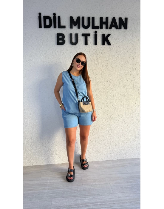 Buz Mavi Kot Rengi Şortlu Takım