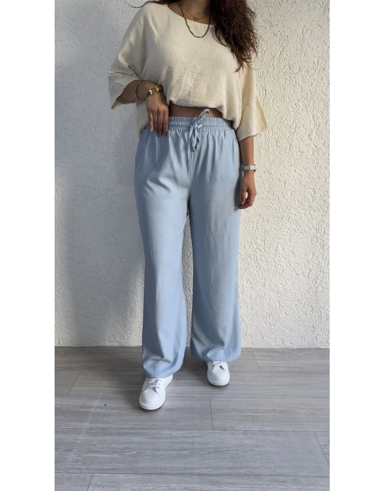 Buz Mavisi Beli Lastikli Tensel Pantolon