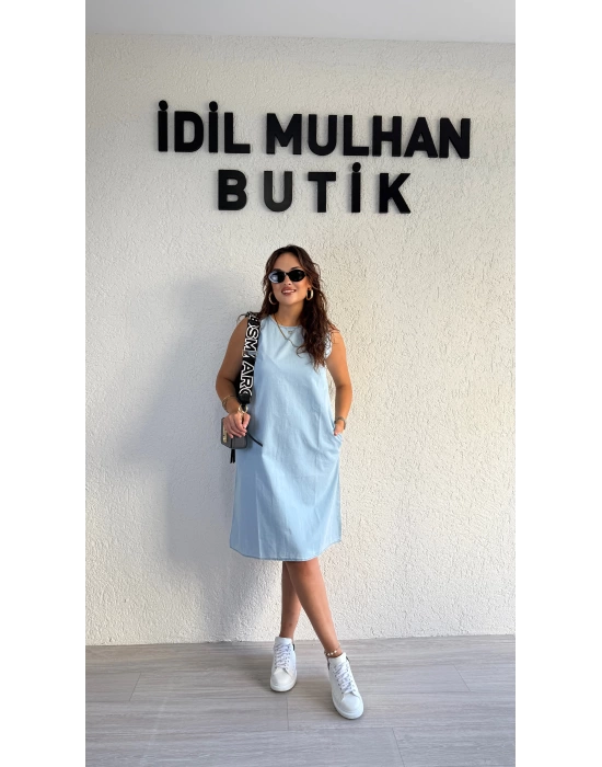 Buz Mavisi Kolsuz Kot Elbise