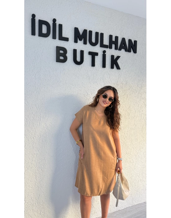 Camel Keten Cep Detaylı Oversize Elbise