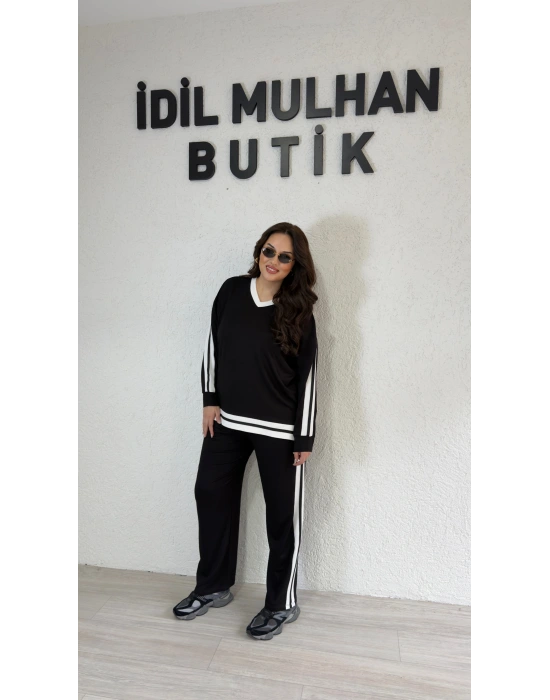 Çift Şerit Detaylı Siyah Alt Üst Takım