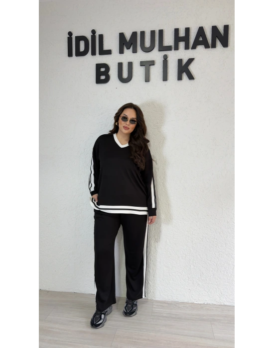 Çift Şerit Detaylı Siyah Alt Üst Takım