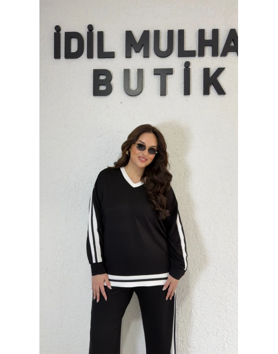 Çift Şerit Detaylı Siyah Alt Üst Takım