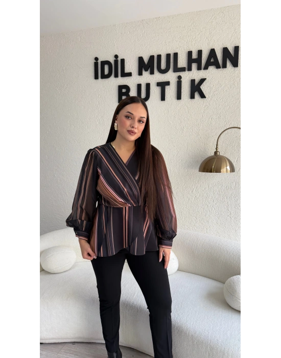 Çizgili Kruvaze Yaka Şifon Kollu Bluz