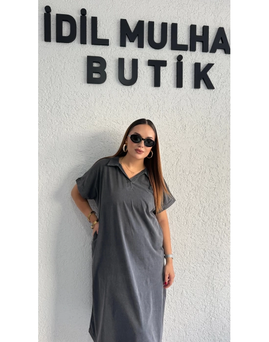 Füme Yıkamalı Polo Yaka Elbise