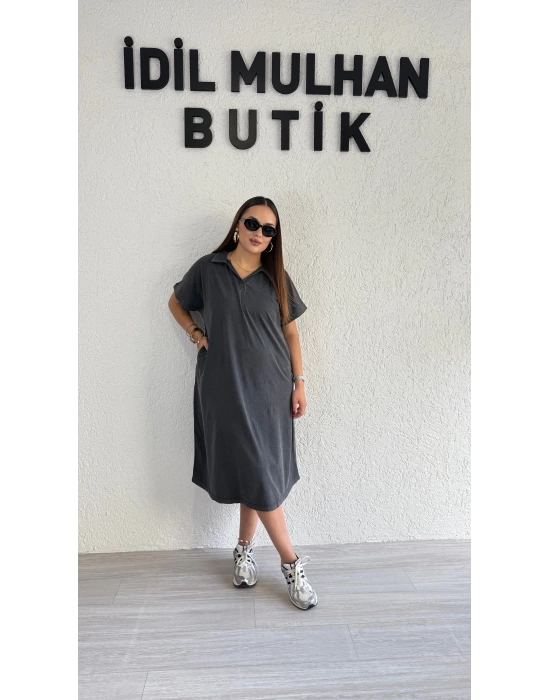 Füme Yıkamalı Polo Yaka Elbise