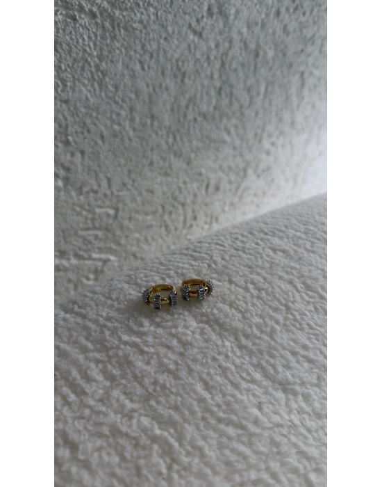 Gold Silver Baget Taşlı Bombe Halka Küpe