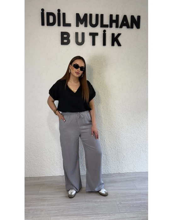 Gri Beli Lastikli Parlak Bürümcük Pantolon