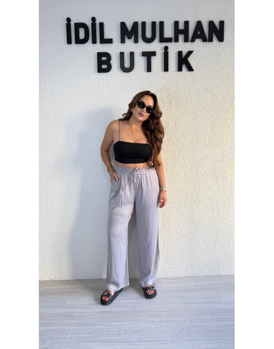 Gri Beli Lastikli Saten Pantolon