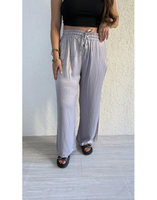 Gri Beli Lastikli Saten Pantolon