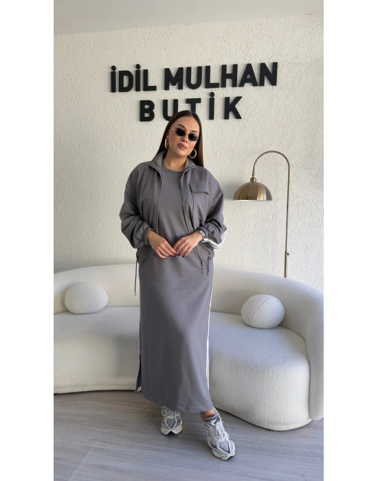 Gri Ceketli Elbise Takım