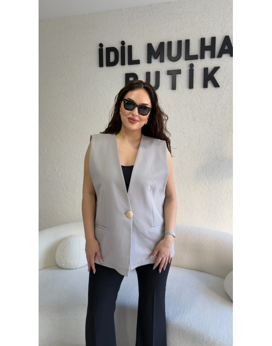 Gri Gold Tek Düğme Detaylı Yelek