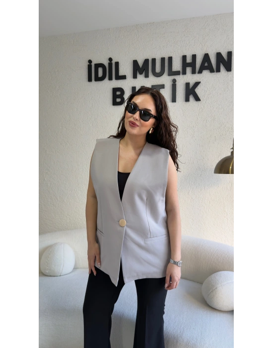 Gri Gold Tek Düğme Detaylı Yelek