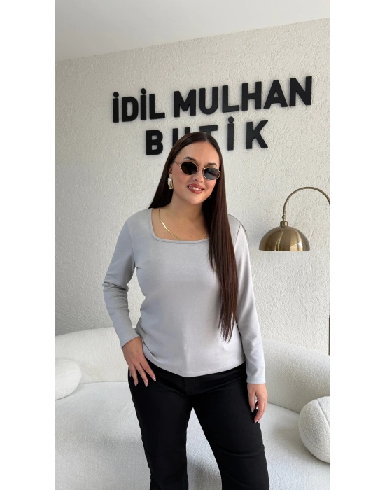 Gri Kare Yaka Oysh Kumaş Bluz