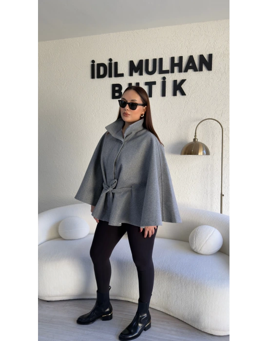 Gri Oversize Kaşe Kuşaklı Panço