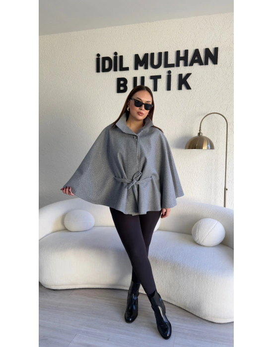 Gri Oversize Kaşe Kuşaklı Panço