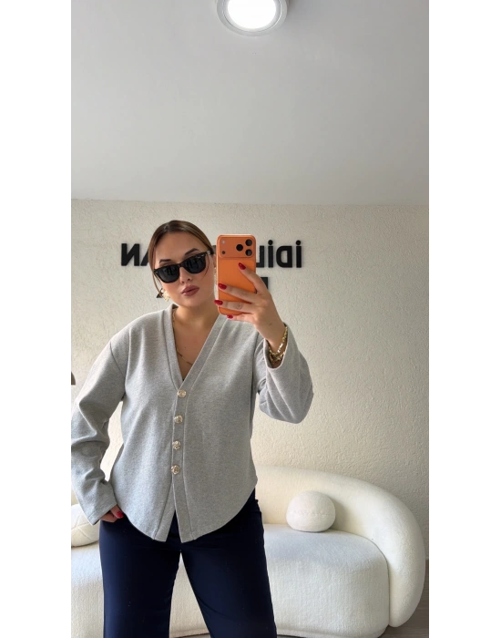 Gri Silver Düğmeli Triko Hırka