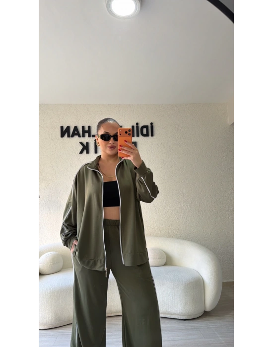 Haki Fermuarlı Çift Çizgili Takım