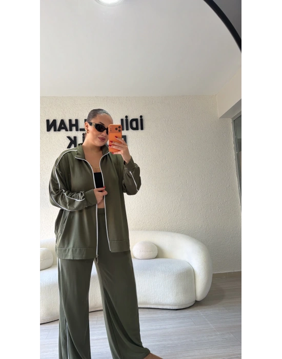 Haki Fermuarlı Çift Çizgili Takım